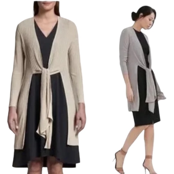 MM Lafleur Graham Beige Ribbed Tie Front Draped Kimono Long Ballet Cardigan - M - Picture 2 of 16